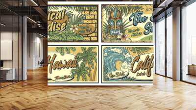 Surfing summer sign. Catch the surf wave poster set. Surf time for surfer in chill bar. Old tribal collection with ethnic totem and idol for tiki bar Wall mural