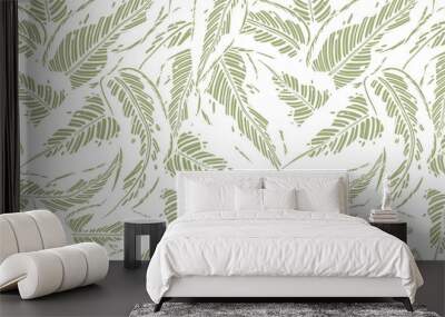 Tropical exotic green plants and leaves wallpaper. Seamless pattern with summer tropical foliage Wall mural