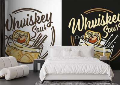 Whiskey sour or old fashioned cocktail with ice, cherry and splash for design of bar menu. American alcohol cocktail with whisky and bourbon for drink party. Tee print Wall mural