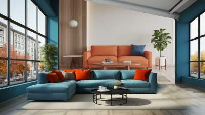 Japandi, minimalist interior design of modern living room. with orange sofa and blue pillow against mock up empty wall with copy space. Wall mural