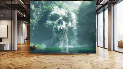 A man is in a kayak in front of a large skull Wall mural