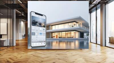 A smart phone is showing a picture of a large house Wall mural