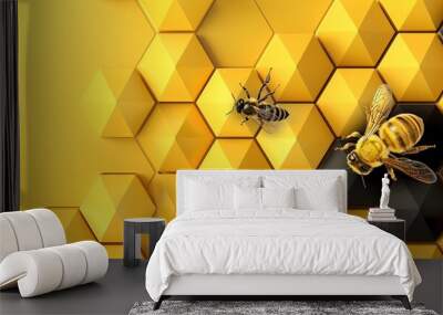 A yellow and black honeycomb background with two bees on it Wall mural