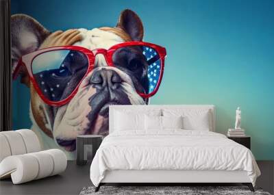 Bulldog wearing sunglasses fashion portrait on solid pastel background. 4th of July USA Independence Day. presentation. advertisement. invite invitation. copy text space. Wall mural