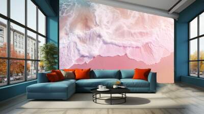 pink ocean waves. Beautiful sandy beach with pink sea background. advertisement, banner, card. for template, presentation. copy text space. Wall mural