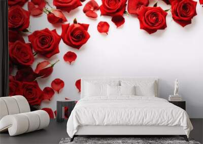 red roses flowers and petals isolated on white background. Valentine's day Floral frame composition. Empty copy text space. advertisement, banner, card. for template, presentation. Wall mural