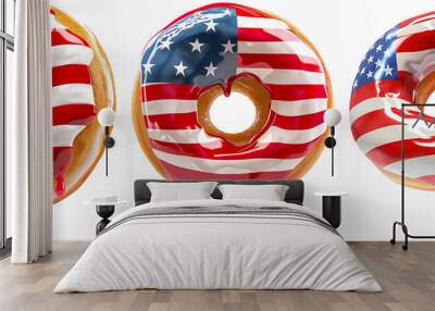 Set of Red white blue donut american flag suspended in air cutout on transparent background. 4th of July USA Independence Day. advertisement. product presentation. banner, card, t shirt, sticker. Wall mural