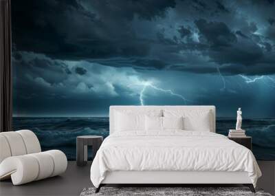 Dramatic view of a night-time storm with multiple lightning strikes over the sea. Wall mural