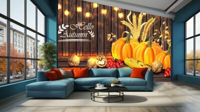 Autumn harvest card Vector realistic with Pumpkin, corn, walnuts. Detailed 3d design. Wooden background with lights Wall mural