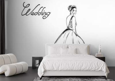 Bride silhouette Vector line art. Beautiful long dress . Template for design cards Wall mural