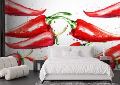 Chili Vector watercolor pattern. Menu restaurant textures on whites Wall mural