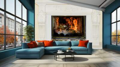 classic fireplace in white stone with ornaments Wall mural