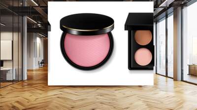 Cosmetics set Vector realistic. Eye shadow, lip gloss and powder blush collection. Product placement. 3d illustrations Wall mural