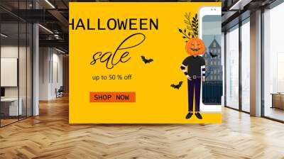 Halloween special offer sale banner with woman dressed in black, wearing witch hat. Man with pumpkin head near smart phone screen. Spider web and holiday bags. Vector. Flat style Wall mural