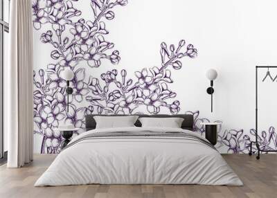 Lilac flowers Vector line art. Vintage retro old effect style illustrations Wall mural