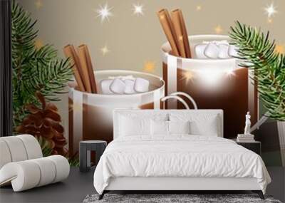 Merry Christmas card with Hot chocolate Vector. Sweet dessert drinks Wall mural