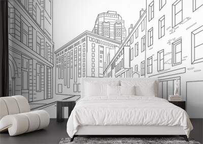 outline sketch vector of an town city with signs and straight architecture Wall mural