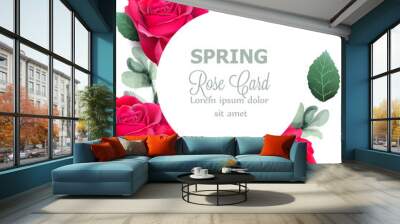 Red roses round card Vector realistic. Beautiful floral decor with palm leaves. Exotic tropic postcards Wall mural