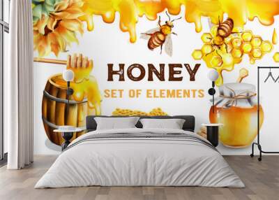 Set of watercolor honey elements. Wooden dipper, barrel, comb, jar, sunflower decoration. Banner style vector Wall mural