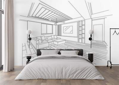 three dimensional sketch of a modern living room. sofa, television and wide space. vector Wall mural