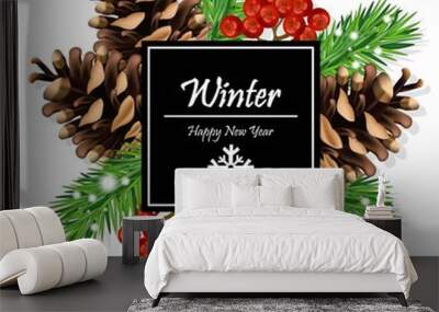 Winter Card Vector. Fir tree branches and viburnum on whites Wall mural