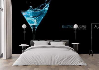 Cocktail Glass with Blue Spirit Drink Splashing. Template Design Wall mural