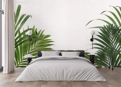 Fresh green tropical palm frond border on a white textured wall with central copyspace in a summer travel concept Wall mural