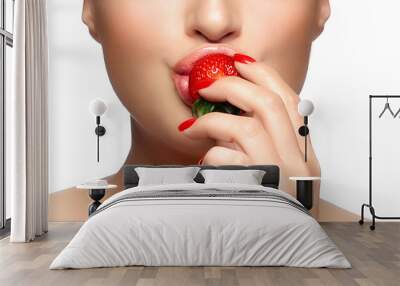 Sweet Bite. Healthy Mouth Biting Strawberry Wall mural