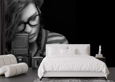 Young Woman Capturing Photo Using Vintage Camera. Monochrome Por Wall mural