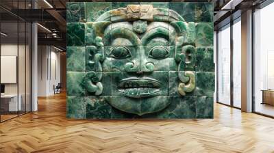 Face bas relief in jade, Aztec inspired wall carving of ancient design, surface material texture Wall mural