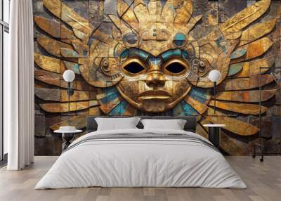 Feathered mask, bas relief, Aztec inspired wall carving of ancient design, surface material texture Wall mural