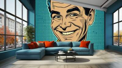 Front facing headshot of a smiling salesman in the style of 1950s pop art, a retro illustration inspired by comic book art and woodcut graphics Wall mural