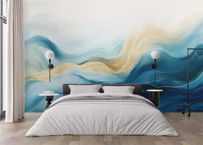 Illustration of ocean waves in blue and gold digital background design Wall mural