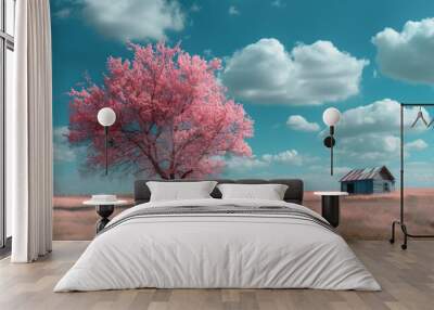 Surreal Pastoral Landscape with Pink Blossoming Tree and Rustic Shack Wall mural