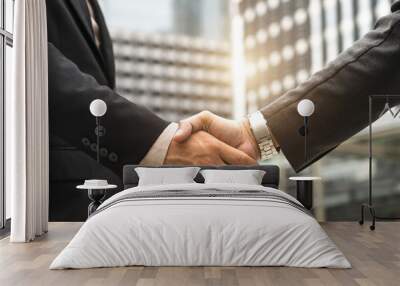 Close-up image of a firm handshake between two colleagues after signing a contract Wall mural