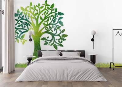 silhouette of oak tree with leaves and grass Wall mural