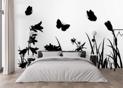 Silhouettes  of flowers and butterflies Wall mural