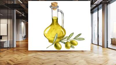 watercolor drawing glass bottle with olive oil and green olives at white background, hand drawn illustration Wall mural