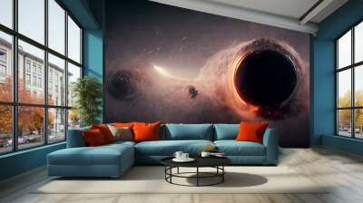 Black Hole event horizon, black hole in space attracting galaxies and asteroids surrounded by gas nebulas 3d rendering Wall mural