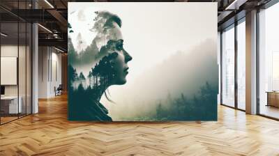 Double exposure image of a woman and mountain landscape  Wall mural