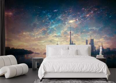 Future City, Sci Fi City near a lake with galaxy stars background, alien world, inhabited planet 3d rendering Wall mural