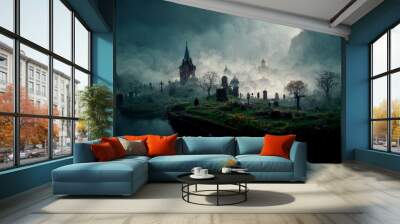 haunted village house and cemetery in foggy atmosphere, fog scary horror landscape, dark sky, black  Wall mural