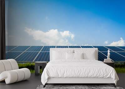 Solar panels on green field and blue sky Wall mural