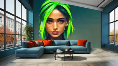 Portrait of a fantasy girl with green hair and negative space, young woman on light blue background with copy space 3d rendering Wall mural