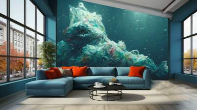 Sea pollution concept. underwater monster made from plastic bags, plastic pollution, 3d rendering Wall mural