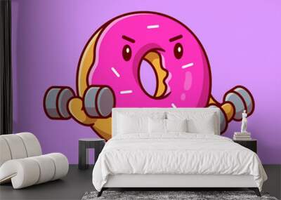 Cute Doughnut Lifting Barbell Cartoon Vector Icon Illustration. Food Healthy Icon Concept Isolated Premium Vector. Flat Cartoon Style Wall mural