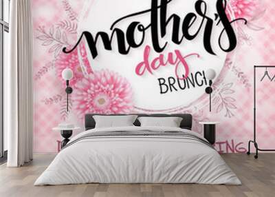 vector hand drawn mothers day event poster with blooming chrysanthemum flowers hand lettering text - mothers day and luminosity flares on checkered background Wall mural