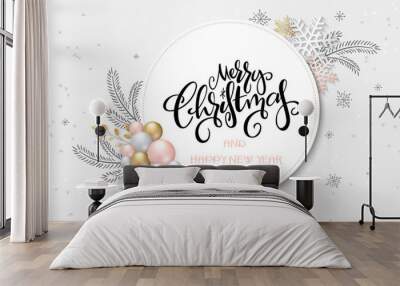 Vector illustration of greeting banner template with hand lettering label - merry Christmas - with baubles, snowflakes, and doodle spruce branches Wall mural