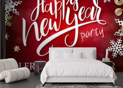 Vector illustration of new year party poster with hand lettering label - happy new year - with stars, sparkles, snowflakes and swirls Wall mural