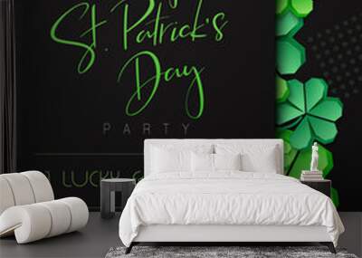 Vector illustration of saint patricks day invitation party poster template with hand lettering label - happy st. patrick's day- with paper origami clover leaves Wall mural